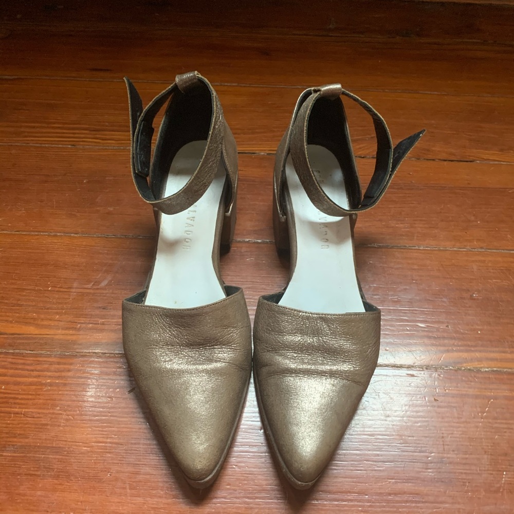 Freda Salvador Metallic Brown Pointed Toe Ankle Strap Heels